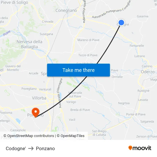 Codogne to Ponzano map