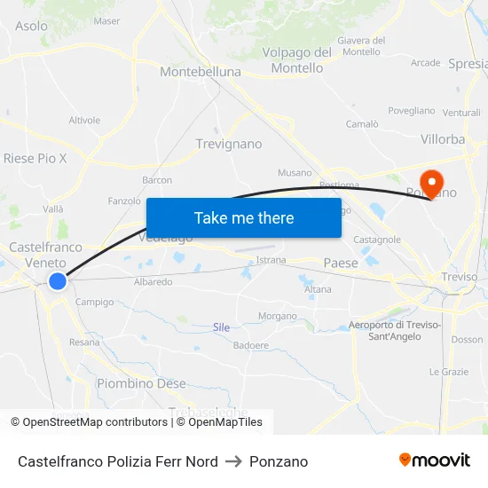 Castelfranco North Railway Police to Ponzano map