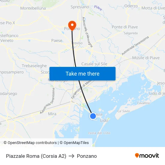 Piazzale Roma (Lane A2) to Ponzano map