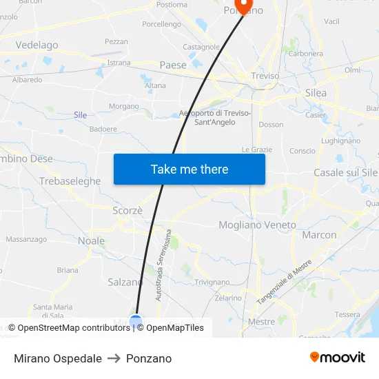 Mirano Hospital to Ponzano map