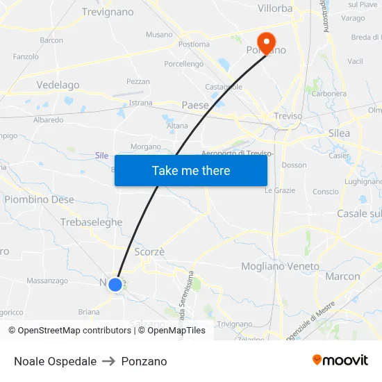 Noale Hospital to Ponzano map