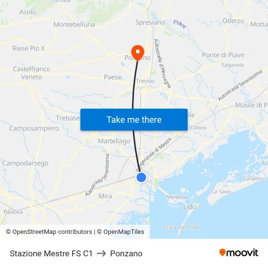 Mestre Railway Station C1 to Ponzano map