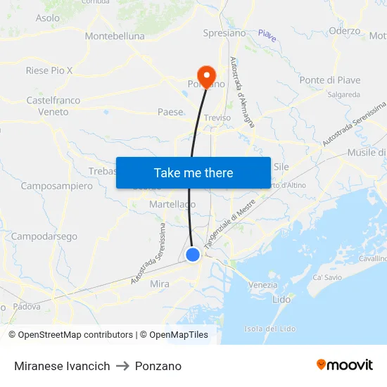 Miranese Ivancich to Ponzano map