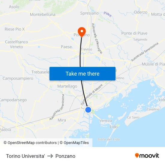 Turin University to Ponzano map
