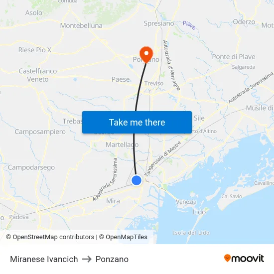 Miranese Ivancich to Ponzano map