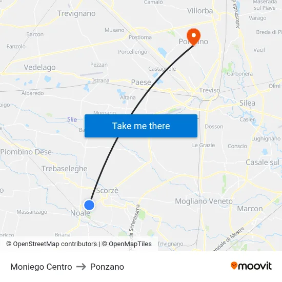 Moniego Center to Ponzano map
