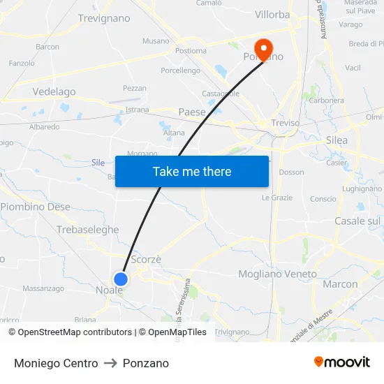 Moniego Center to Ponzano map