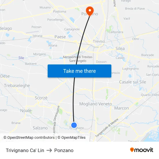 Trivignano Ca' Lin to Ponzano map