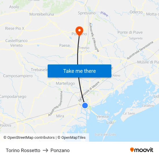 Torino Rossetto to Ponzano map