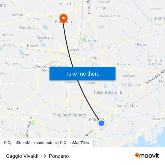 Gaggio Vivaldi to Ponzano map