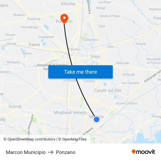 Marcon Town Hall to Ponzano map