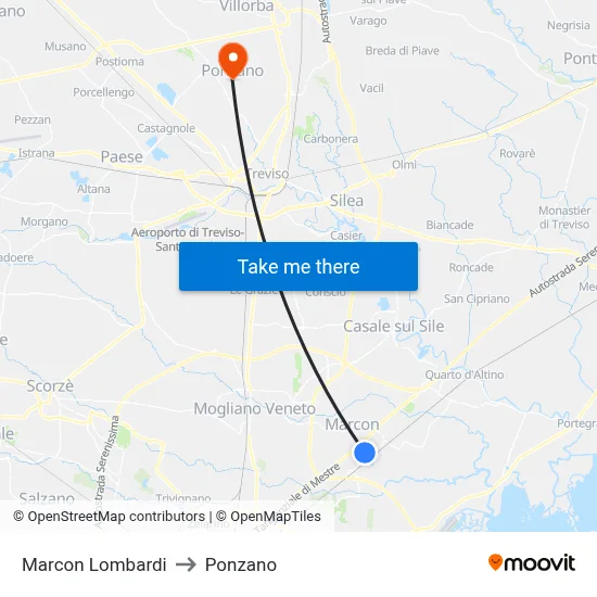 Marcon Lombardi to Ponzano map