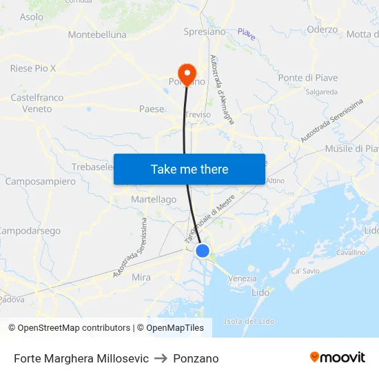 Forte Marghera Millosevic to Ponzano map