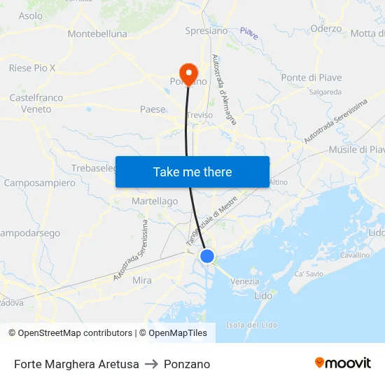 Forte Marghera Aretusa to Ponzano map