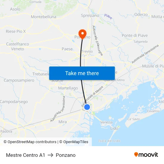 Mestre Center A1 to Ponzano map