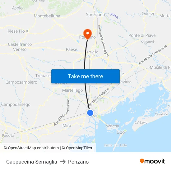 Cappuccina Sernaglia to Ponzano map