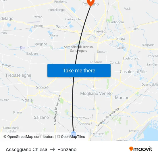 Asseggiano Church to Ponzano map