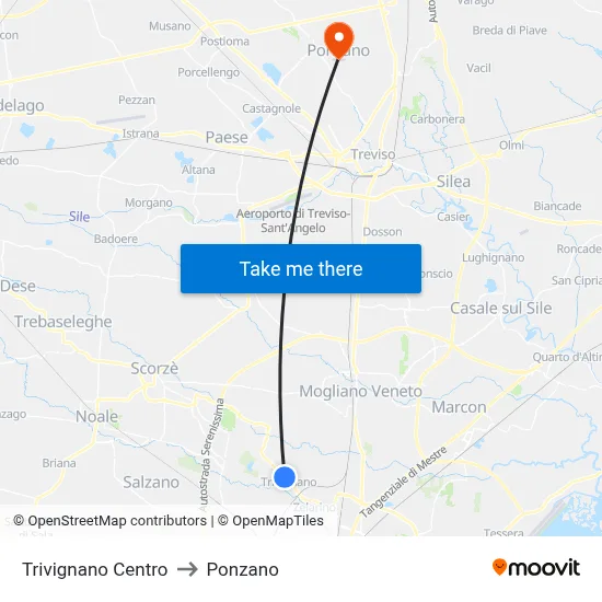 Trivignano Center to Ponzano map