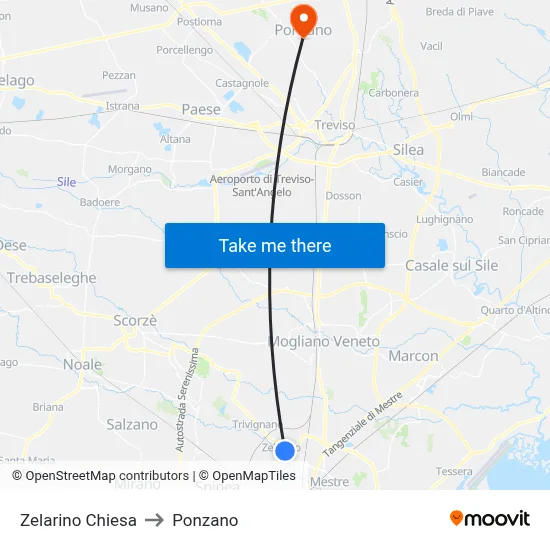 Zelarino Church to Ponzano map