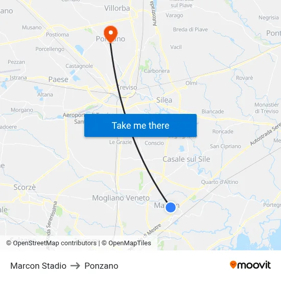 Marcon Stadium to Ponzano map