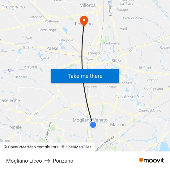 Mogliano High School to Ponzano map