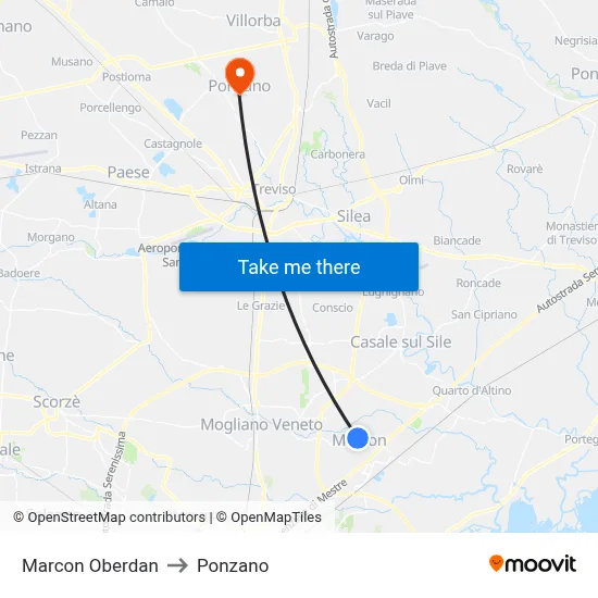 Marcon Oberdan to Ponzano map