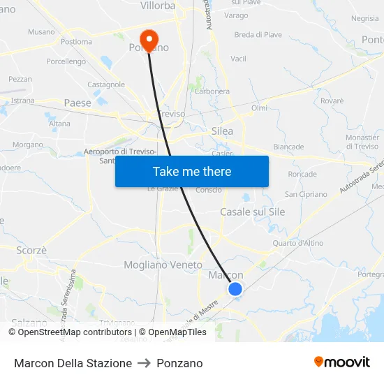 Marcon Station to Ponzano map