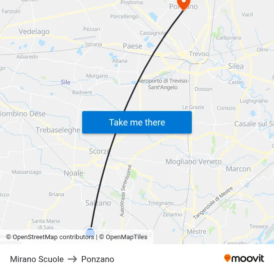 Mirano Schools to Ponzano map