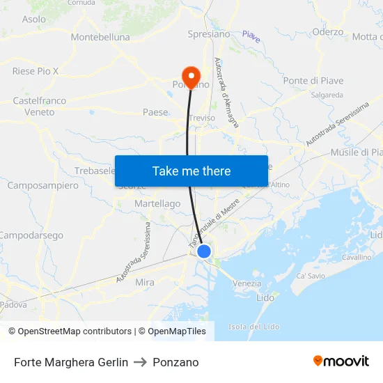 Forte Marghera Gerlin to Ponzano map