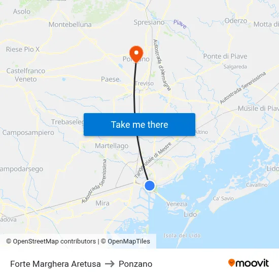 Forte Marghera Aretusa to Ponzano map
