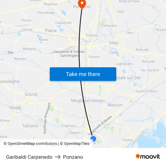 Garibaldi Carpenedo to Ponzano map