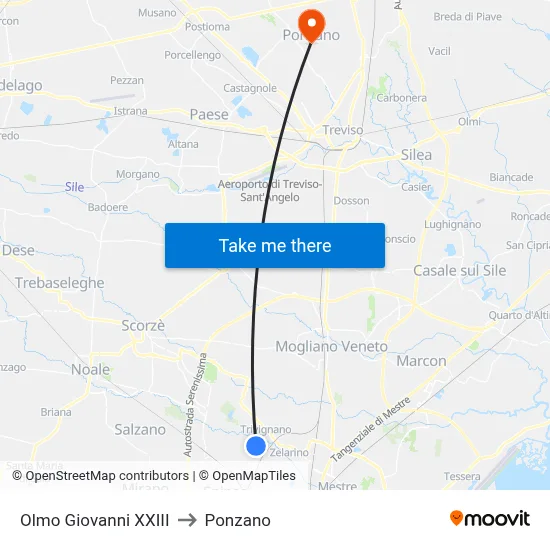 Olmo Giovanni XXIII to Ponzano map