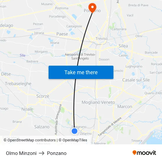 Olmo Minzoni to Ponzano map