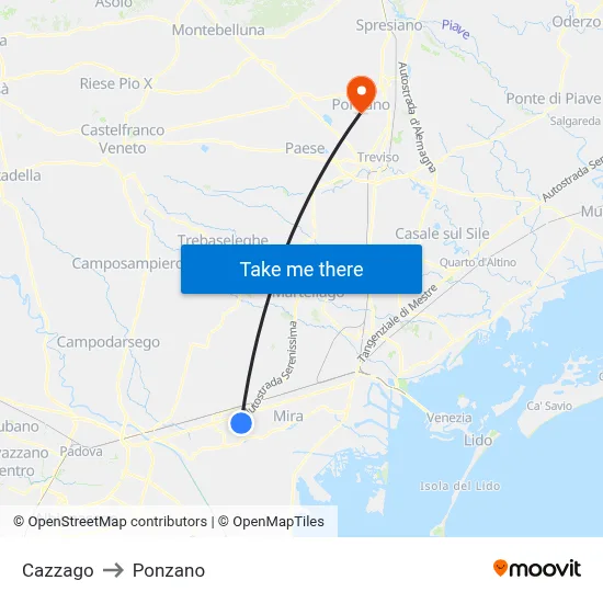 Cazzago to Ponzano map