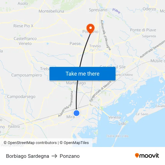 Borbiago Sardegna to Ponzano map