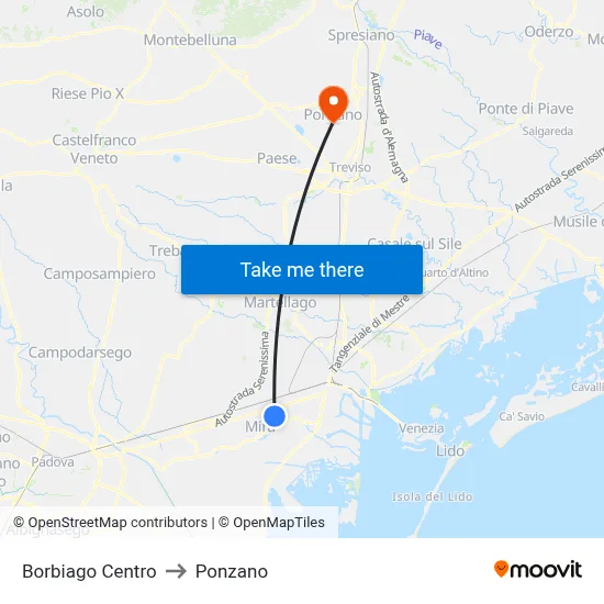 Borbiago Center to Ponzano map