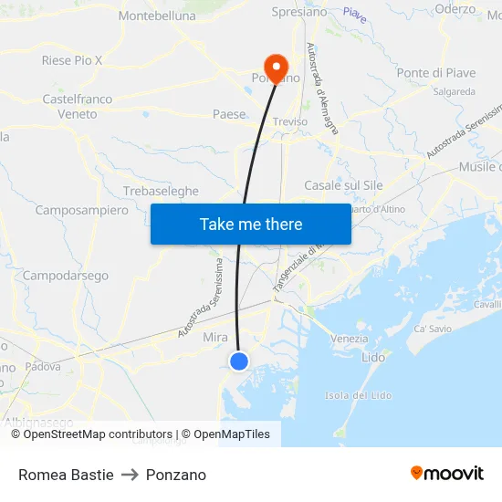 Romea Bastie to Ponzano map