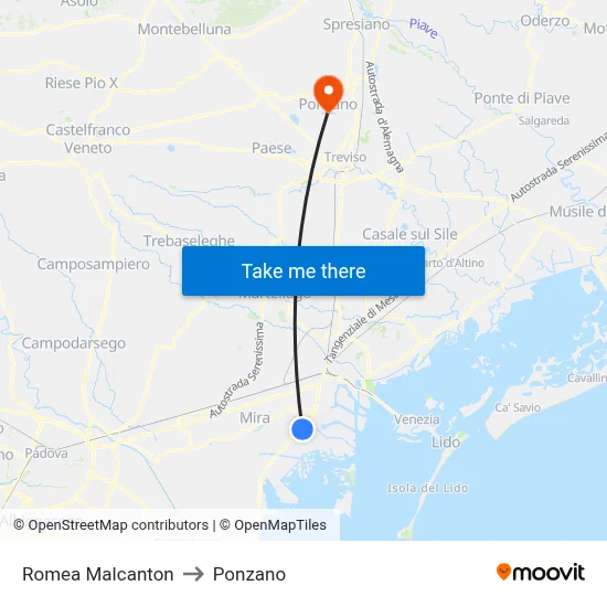 Romea Malcanton to Ponzano map