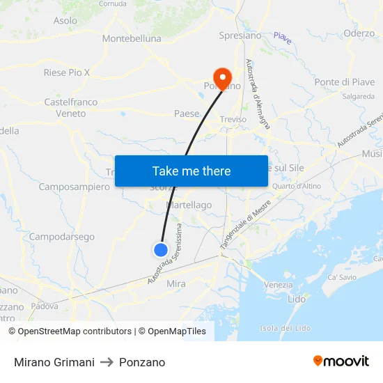 Mirano Grimani to Ponzano map