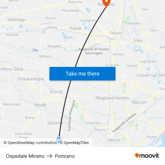 Mirano Hospital to Ponzano map