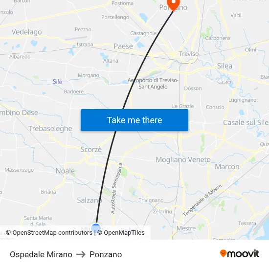Mirano Hospital to Ponzano map