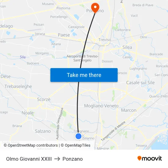 Olmo Giovanni XXIII to Ponzano map