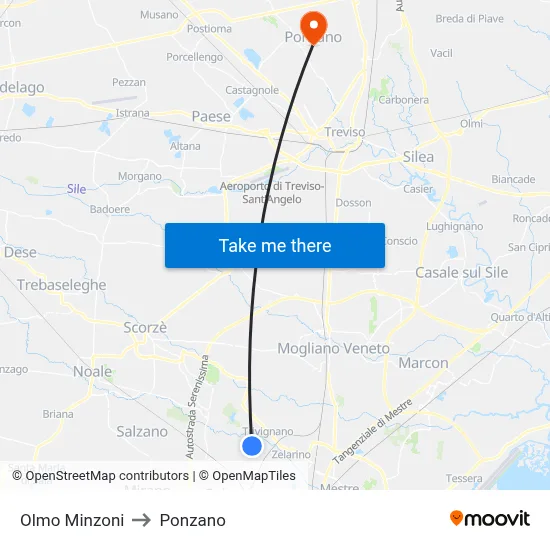 Olmo Minzoni to Ponzano map