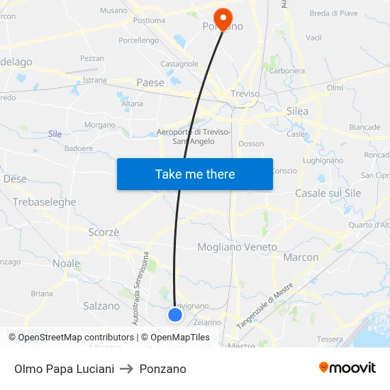 Olmo Papa Luciani to Ponzano map