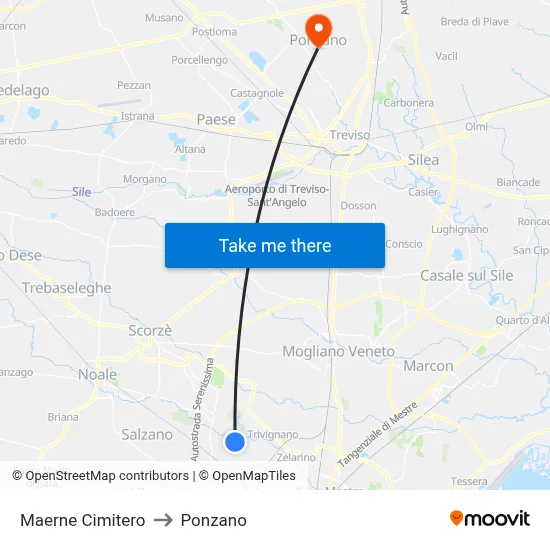 Maerne Cemetery to Ponzano map