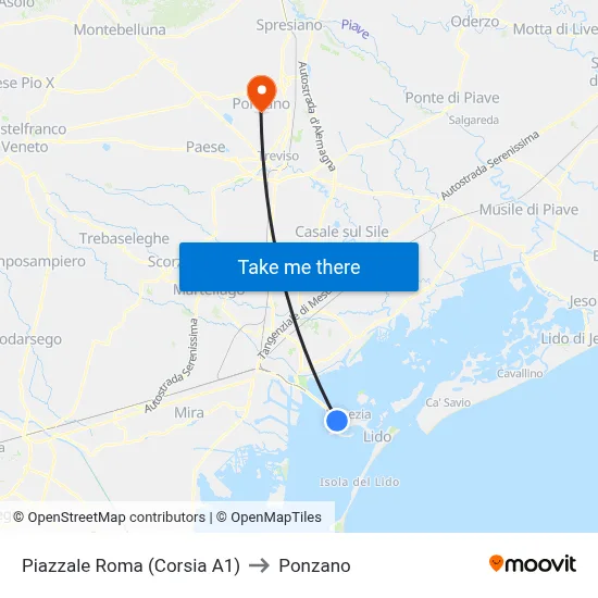 Piazzale Roma (Lane A1) to Ponzano map