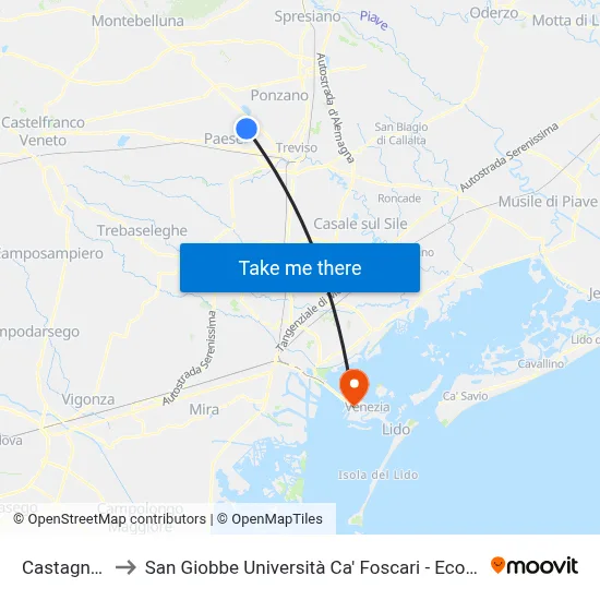 Castagnole to San Giobbe University Ca' Foscari - Economics map