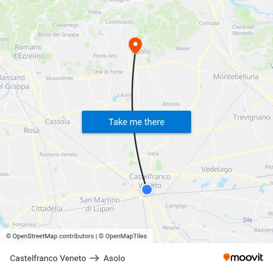 Castelfranco Veneto to Asolo map