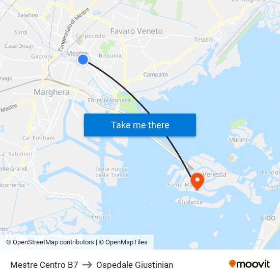 Mestre Centro B7 to Ospedale Giustinian map