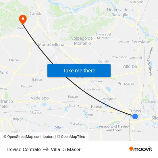 Treviso Central to Villa di Maser map